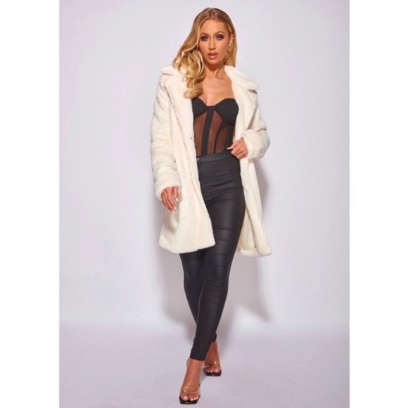 White Faux Fur Long Sleeve Collared Loose Fit Midi Coat - Picture 2 of 14